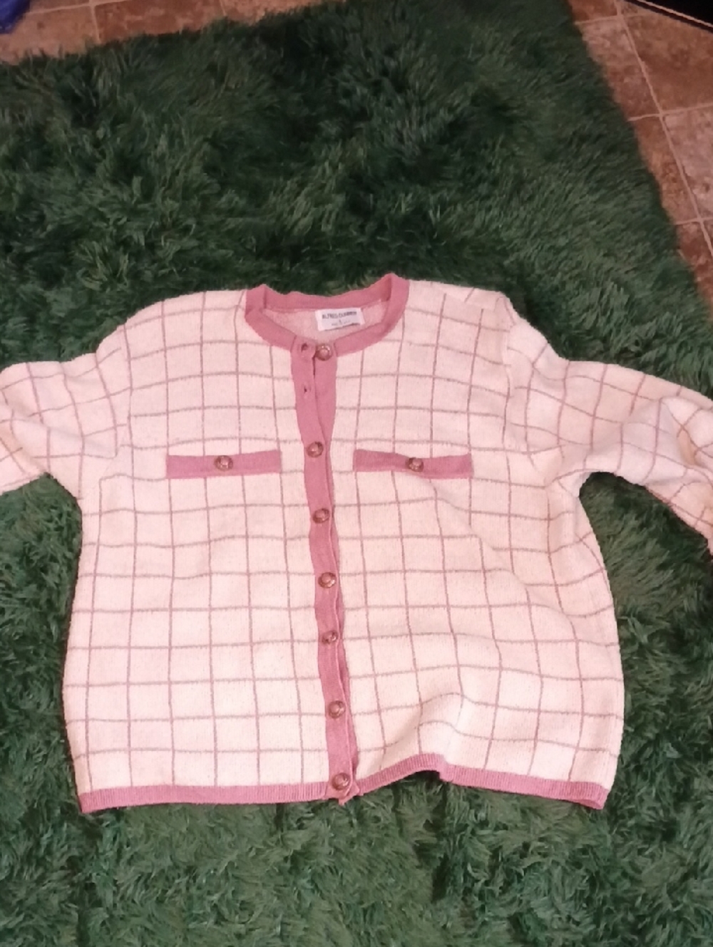Alfred Dunner Cream Sweater with Pink Grid and Trim